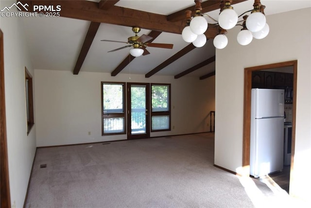 unfurnished room with light carpet, ceiling fan, a chandelier, and baseboards