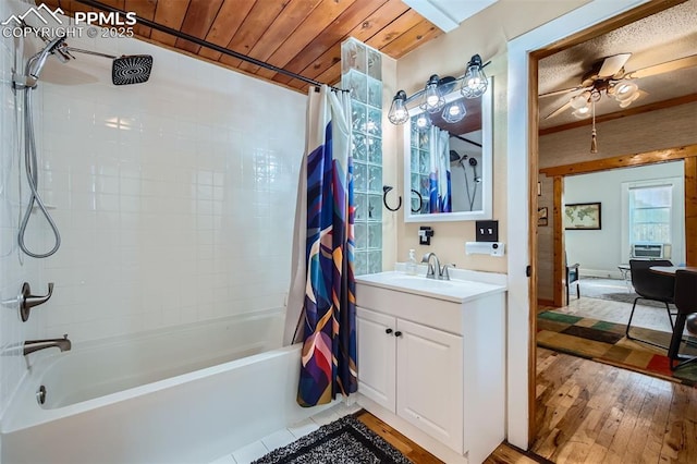 738 E Cache La Poudre St, Colorado Springs, CO 80903 - bathroom featuring shower / tub combo with curtain, vanity, hardwood / wood-style floors, ceiling fan, and wooden ceiling