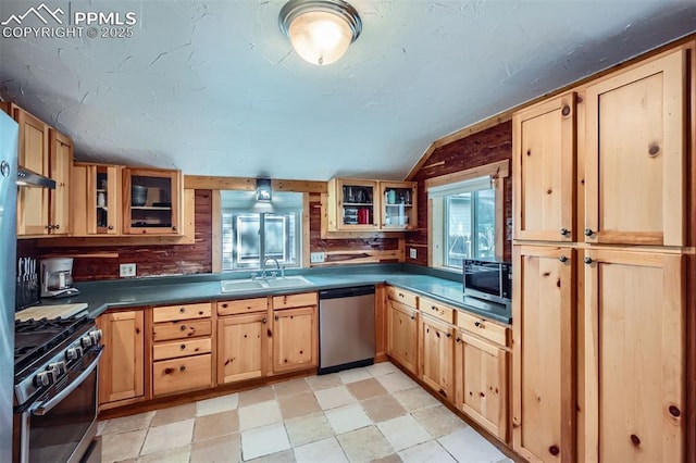 738 E Cache La Poudre St, Colorado Springs, CO 80903 - kitchen featuring stainless steel appliances, a sink, dark countertops, glass insert cabinets, and light brown cabinets