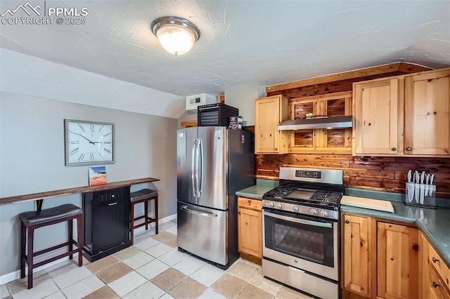 738 E Cache La Poudre St, Colorado Springs, CO 80903 - kitchen with appliances with stainless steel finishes, under cabinet range hood, lofted ceiling, baseboards, and dark countertops