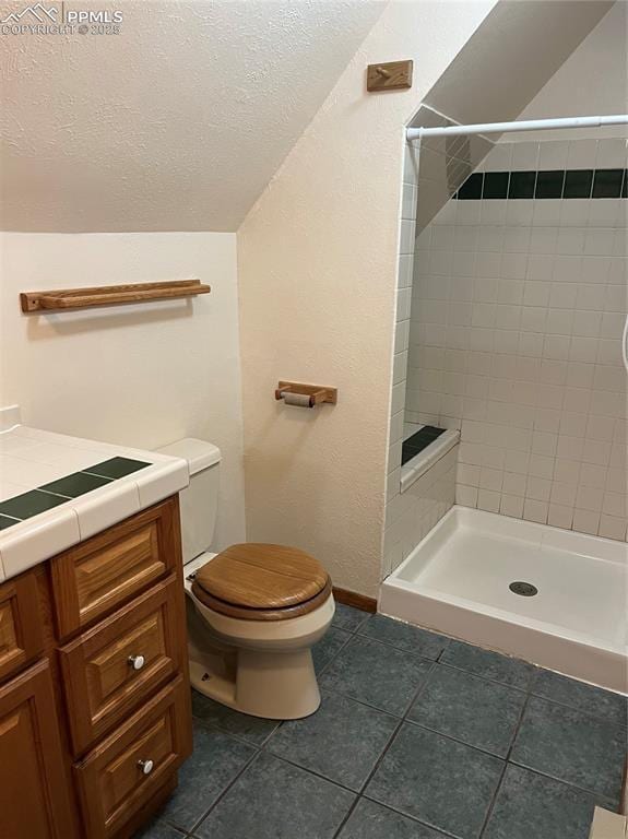 646 Grey Eagle Dr, Cripple Creek, CO 80813 - full bath featuring toilet, tile patterned floors, vanity, a shower stall, and a textured ceiling