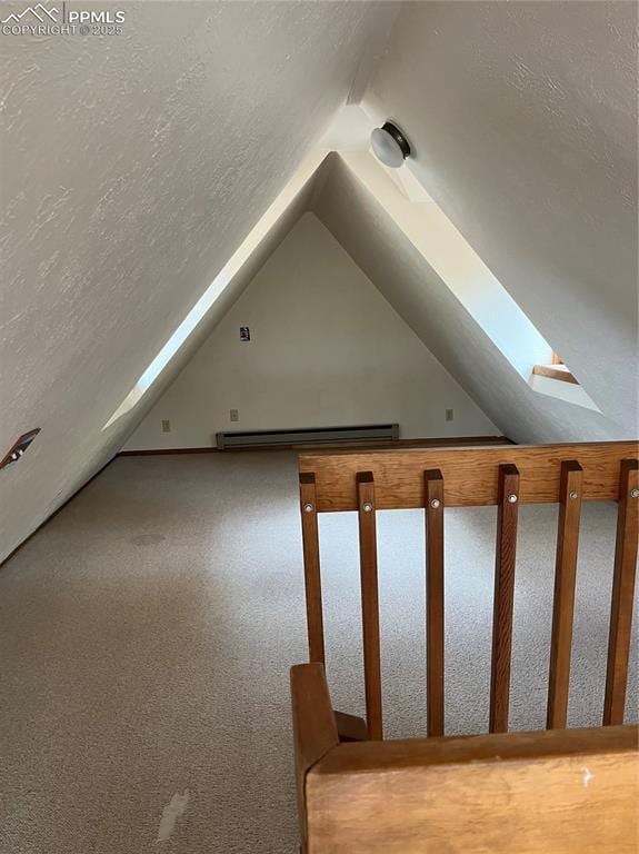 646 Grey Eagle Dr, Cripple Creek, CO 80813 - additional living space with a skylight, vaulted ceiling, carpet flooring, a textured ceiling, and a baseboard heating unit