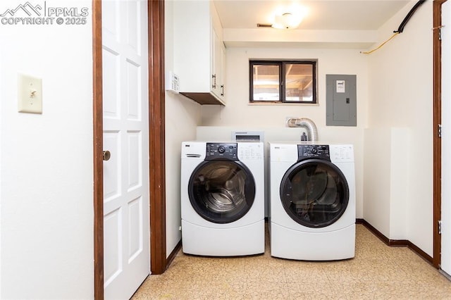 6331 Mesedge Dr, Colorado Springs, CO 80919 - laundry area with electric panel, cabinet space, washing machine and clothes dryer, and baseboards