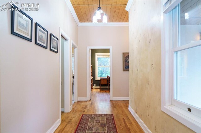 15 Cypress Ln, Colorado Springs, CO 80906 - corridor with wood ceiling, light wood-type flooring, crown molding, baseboards, and a chandelier