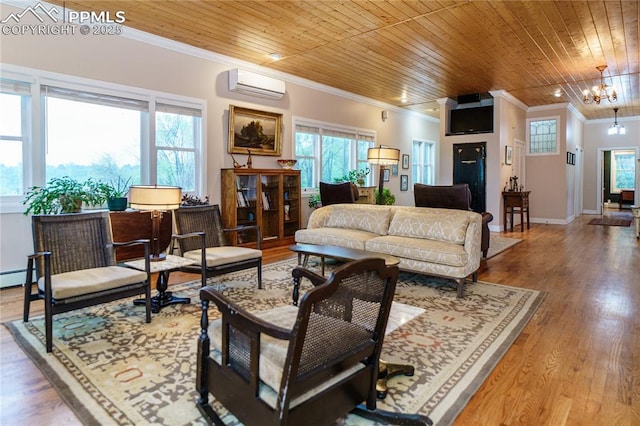 15 Cypress Ln, Colorado Springs, CO 80906 - living area featuring wooden ceiling, ornamental molding, a wall unit AC, a chandelier, and wood finished floors