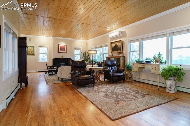 15 Cypress Ln, Colorado Springs, CO 80906 - living room with a baseboard heating unit, a fireplace, a wall mounted air conditioner, ornamental molding, and healthy amount of natural light