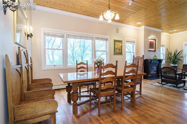 15 Cypress Ln, Colorado Springs, CO 80906 - dining space with wood finished floors, baseboard heating, wood ceiling, ornamental molding, and baseboards