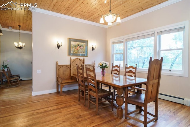 15 Cypress Ln, Colorado Springs, CO 80906 - dining area featuring a chandelier, ornamental molding, wood ceiling, light wood-type flooring, and baseboards