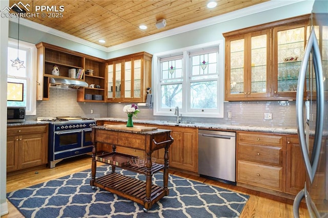 15 Cypress Ln, Colorado Springs, CO 80906 - kitchen featuring appliances with stainless steel finishes, light wood-style floors, ornamental molding, tasteful backsplash, and wood ceiling