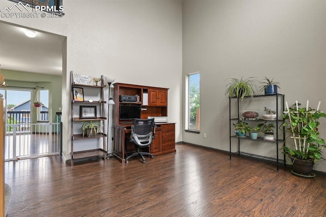 7534 Sistine Ln, Fountain, CO 80817 - office with a high ceiling, dark wood finished floors, and baseboards