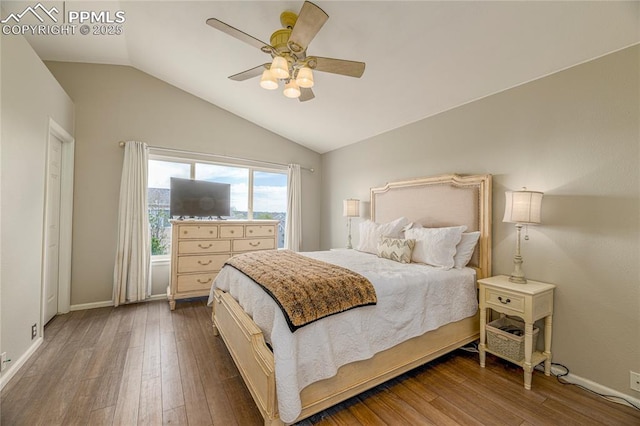 6463 Binder Dr, Colorado Springs, CO 80923 - bedroom with lofted ceiling, hardwood / wood-style floors, ceiling fan, and baseboards
