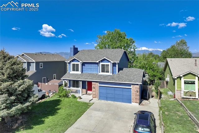 2620 Warrenton Way, Colorado Springs, CO 80922 - traditional-style house featuring brick siding, concrete driveway, a porch, a garage, and roof with shingles