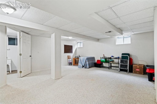 7350 Devinney Ct, Arvada, CO 80005 - basement featuring a drop ceiling, healthy amount of natural light, carpet floors, and baseboards