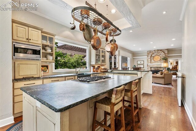 6 3rd St, Colorado Springs, CO 80906 - kitchen with appliances with stainless steel finishes, a peninsula, wood finished floors, crown molding, and dark countertops