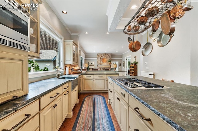 6 3rd St, Colorado Springs, CO 80906 - kitchen with stainless steel appliances, dark wood-style flooring, a sink, crown molding, and glass insert cabinets