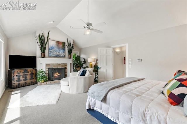 6 3rd St, Colorado Springs, CO 80906 - carpeted bedroom featuring lofted ceiling, a fireplace, and a ceiling fan