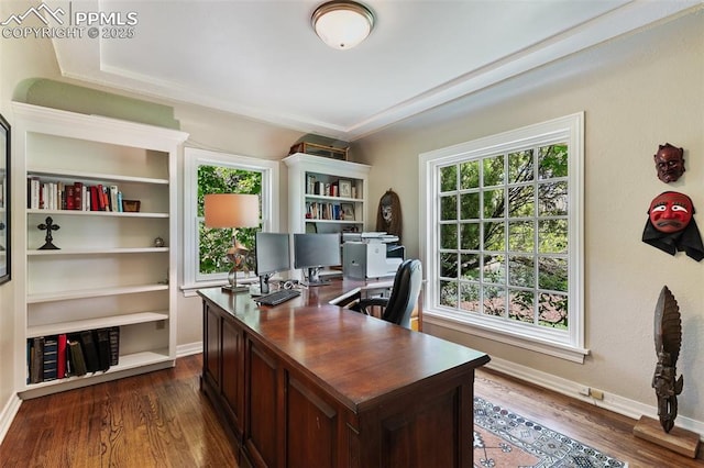 6 3rd St, Colorado Springs, CO 80906 - home office featuring healthy amount of natural light, dark wood-style flooring, and baseboards