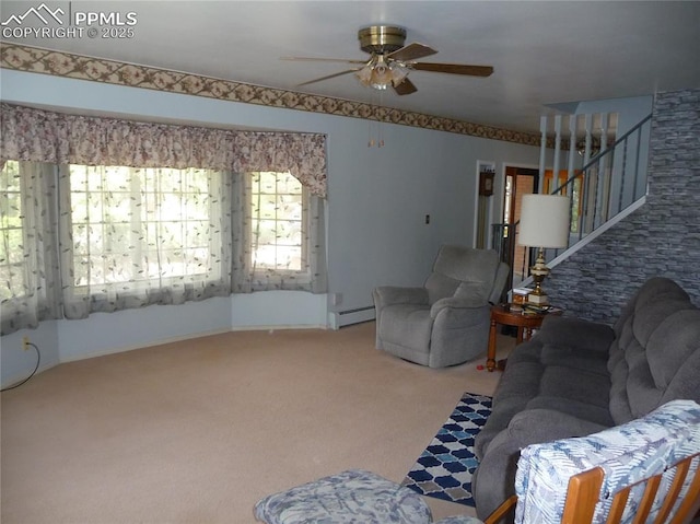 4307 Valli Vista Rd, Colorado Springs, CO 80915 - living area featuring a ceiling fan, baseboard heating, stairs, and carpet