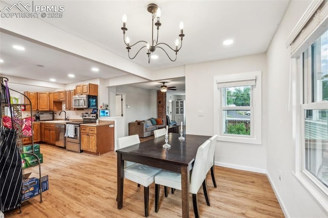 817 W Kiowa St, Colorado Springs, CO 80905 - dining room featuring a chandelier, light wood-style flooring, recessed lighting, baseboards, and a ceiling fan