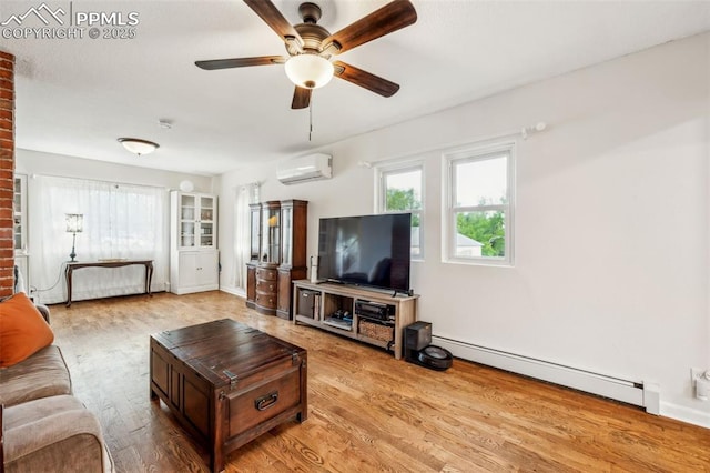 817 W Kiowa St, Colorado Springs, CO 80905 - living area featuring an AC wall unit, a baseboard heating unit, wood finished floors, and ceiling fan