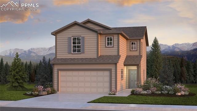 5216 Devers Ct, Colorado Springs, CO 80925 - view of front of property with a mountain view, driveway, an attached garage, a shingled roof, and a lawn