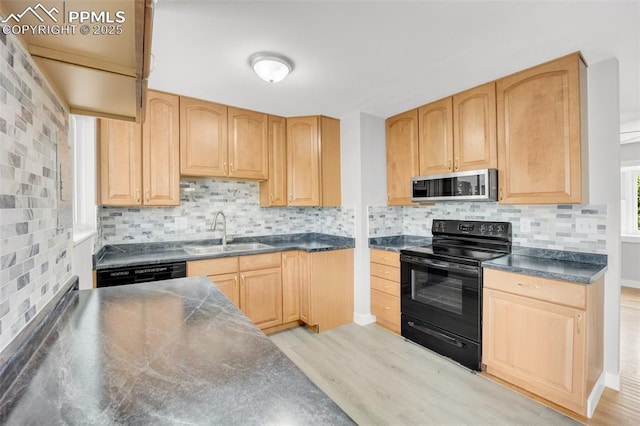 2201 Sonoma Dr, Colorado Springs, CO 80910 - kitchen featuring black appliances, a sink, light wood-style floors, tasteful backsplash, and light brown cabinetry