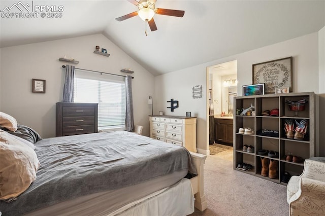 10442 Beckham St, Peyton, CO 80831 - bedroom featuring carpet floors, vaulted ceiling, ensuite bath, and a ceiling fan