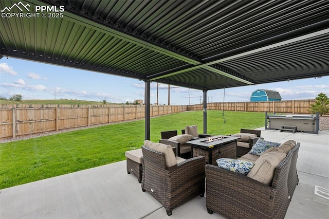 10442 Beckham St, Peyton, CO 80831 - view of patio / terrace with a hot tub and an outdoor living space with a fire pit