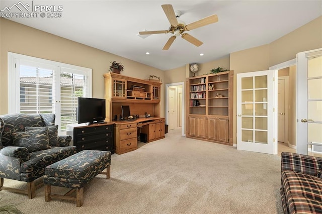 3479 Hill Cir, Colorado Springs, CO 80904 - home office with light carpet, ceiling fan, french doors, and recessed lighting