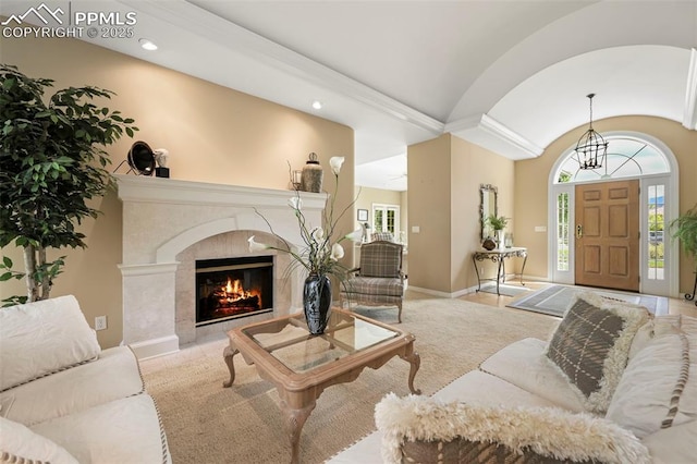 3479 Hill Cir, Colorado Springs, CO 80904 - living area with vaulted ceiling, a premium fireplace, and recessed lighting