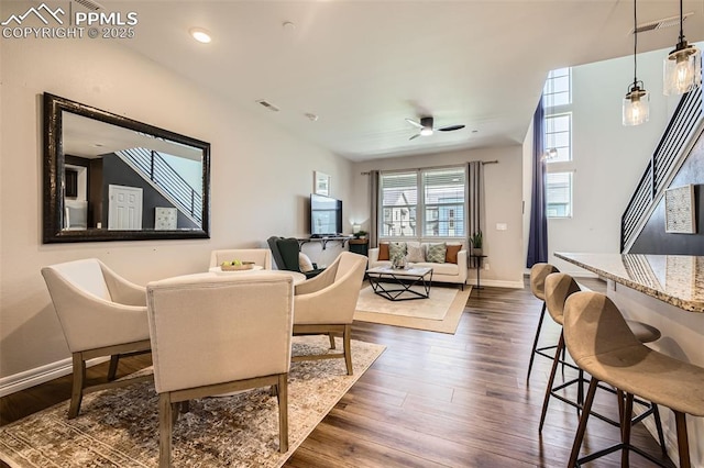 1747 Satin Spar Pt, Colorado Springs, CO 80908 - dining room with ceiling fan, dark wood finished floors, baseboards, and recessed lighting