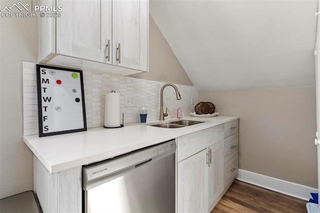1807 W Colorado Ave, Colorado Springs, CO 80904 - kitchen featuring stainless steel dishwasher, a sink, lofted ceiling, decorative backsplash, and wood finished floors
