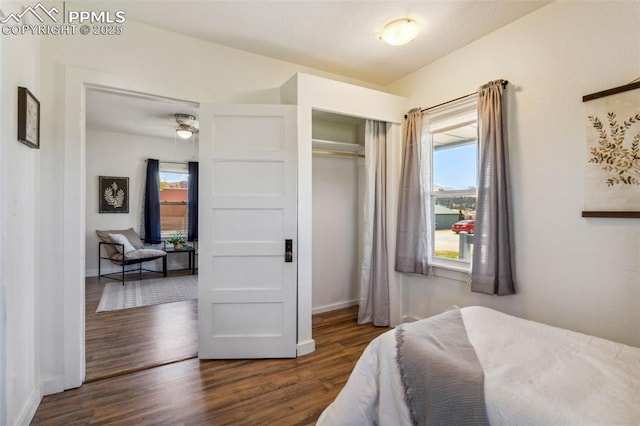 133 W Golden Ave, Cripple Creek, CO 80813 - bedroom with dark wood-type flooring, multiple windows, baseboards, and a closet