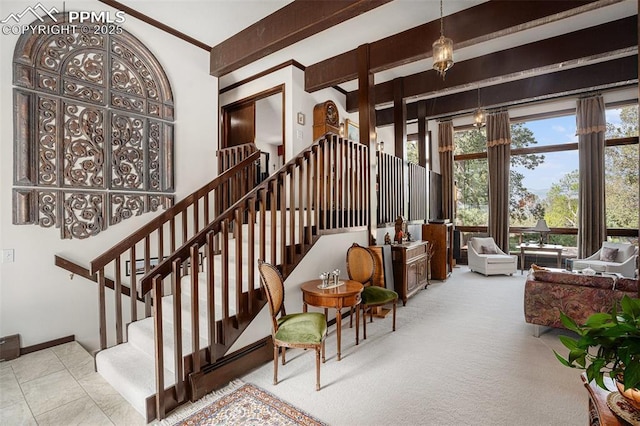 2518 Avondale Dr, Colorado Springs, CO 80917 - stairway featuring carpet flooring and beamed ceiling