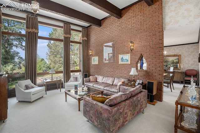 2518 Avondale Dr, Colorado Springs, CO 80917 - living area featuring wallpapered walls, light colored carpet, healthy amount of natural light, and beamed ceiling