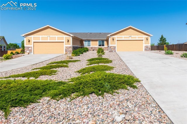 6728 Gelbvieh Rd, Peyton, CO 80831 - ranch-style house featuring stone siding, concrete driveway, and a garage