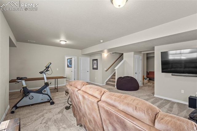 8442 Noreen Falls Dr, Colorado Springs, CO 80924 - living area featuring light colored carpet, stairs, and baseboards