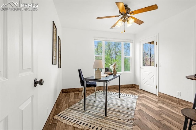 321 Graceland Grv, Colorado Springs, CO 80904 - office area featuring wood finished floors, a ceiling fan, and baseboards