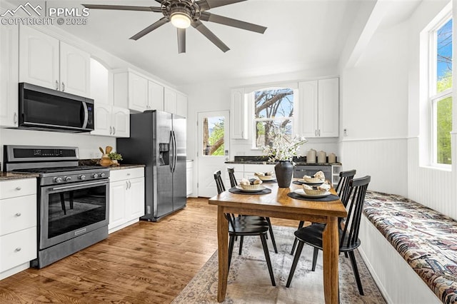 321 Graceland Grv, Colorado Springs, CO 80904 - kitchen with appliances with stainless steel finishes, a ceiling fan, white cabinets, light wood-type flooring, and a wainscoted wall