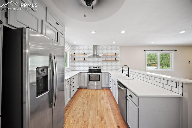 1515 W Boulder St, Colorado Springs, CO 80904 - kitchen with stainless steel appliances, a sink, wall chimney exhaust hood, open shelves, and light wood-style floors