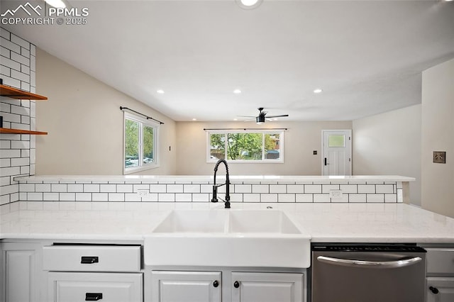 1515 W Boulder St, Colorado Springs, CO 80904 - kitchen featuring dishwasher, a sink, open shelves, a ceiling fan, and backsplash