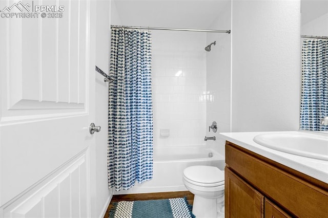 10597 Luneth Dr, Colorado Springs, CO 80925 - full bathroom with shower / bathtub combination with curtain, vanity, and toilet