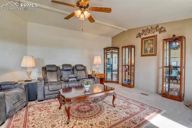20040 Drennan Rd, Colorado Springs, CO 80928 - living area featuring carpet floors, vaulted ceiling, and a ceiling fan