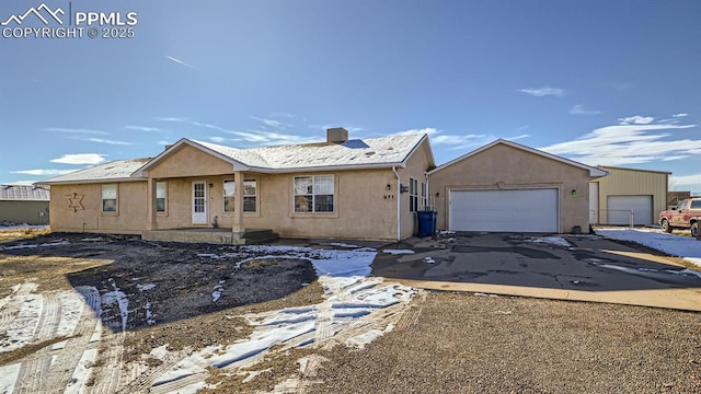 971 S Los Charros Dr, Pueblo West, CO 81007 - single story home with driveway, an attached garage, stucco siding, and a chimney