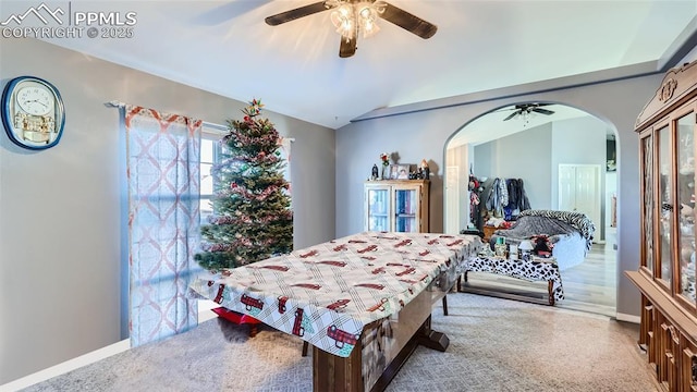 971 S Los Charros Dr, Pueblo West, CO 81007 - bedroom with arched walkways, carpet, a ceiling fan, and lofted ceiling