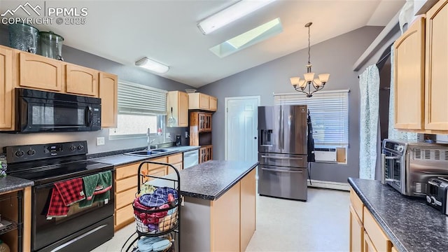 971 S Los Charros Dr, Pueblo West, CO 81007 - kitchen featuring black appliances, a sink, light brown cabinets, vaulted ceiling, and a chandelier