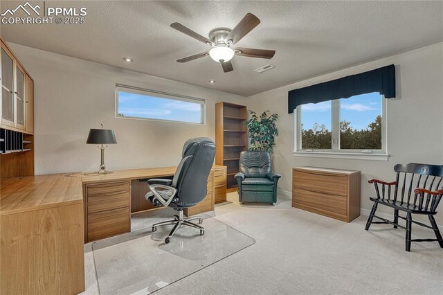 14745 Millhaven Pl, Colorado Springs, CO 80908 - home office featuring healthy amount of natural light, a ceiling fan, a textured ceiling, and recessed lighting
