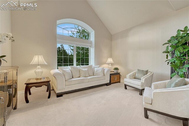 14745 Millhaven Pl, Colorado Springs, CO 80908 - living room featuring high vaulted ceiling and carpet floors