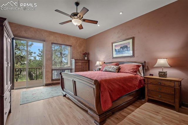 8610 Wildridge Rd, Colorado Springs, CO 80908 - bedroom featuring access to exterior, light wood-style flooring, a ceiling fan, recessed lighting, and baseboards