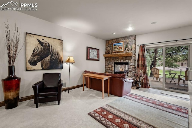 8610 Wildridge Rd, Colorado Springs, CO 80908 - living room featuring baseboards, a fireplace, carpet, and recessed lighting